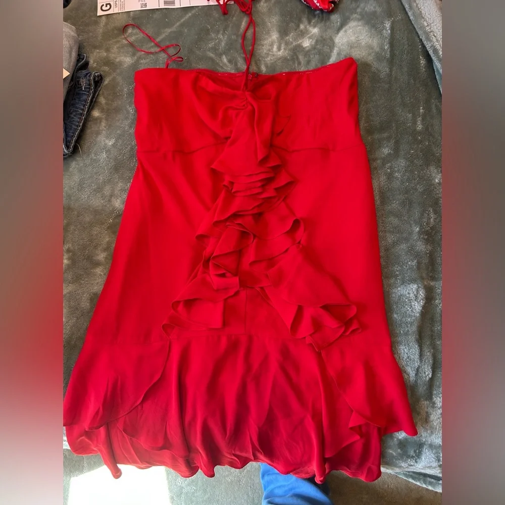 Express Red Strapless Ruffle-Front Dress - Picture 1 of 3